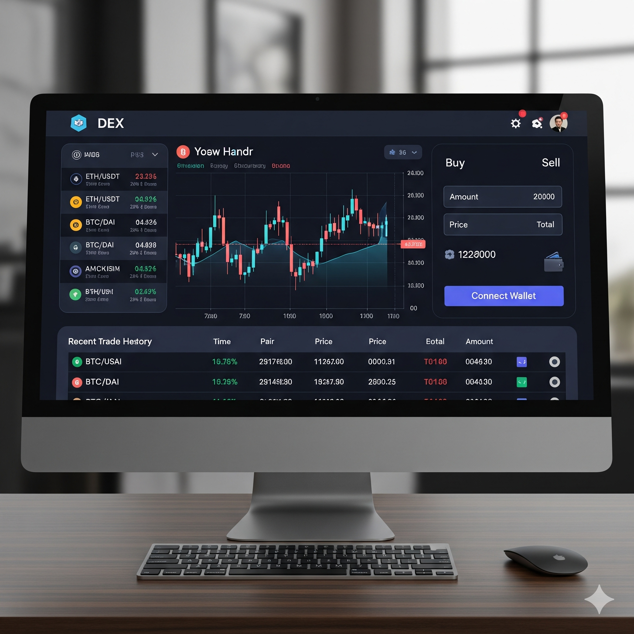 A computer monitor displays a cryptocurrency trading platform with various currency charts, recent trade history, and options to buy or sell. The background is a modern, well-lit room with large windows.
