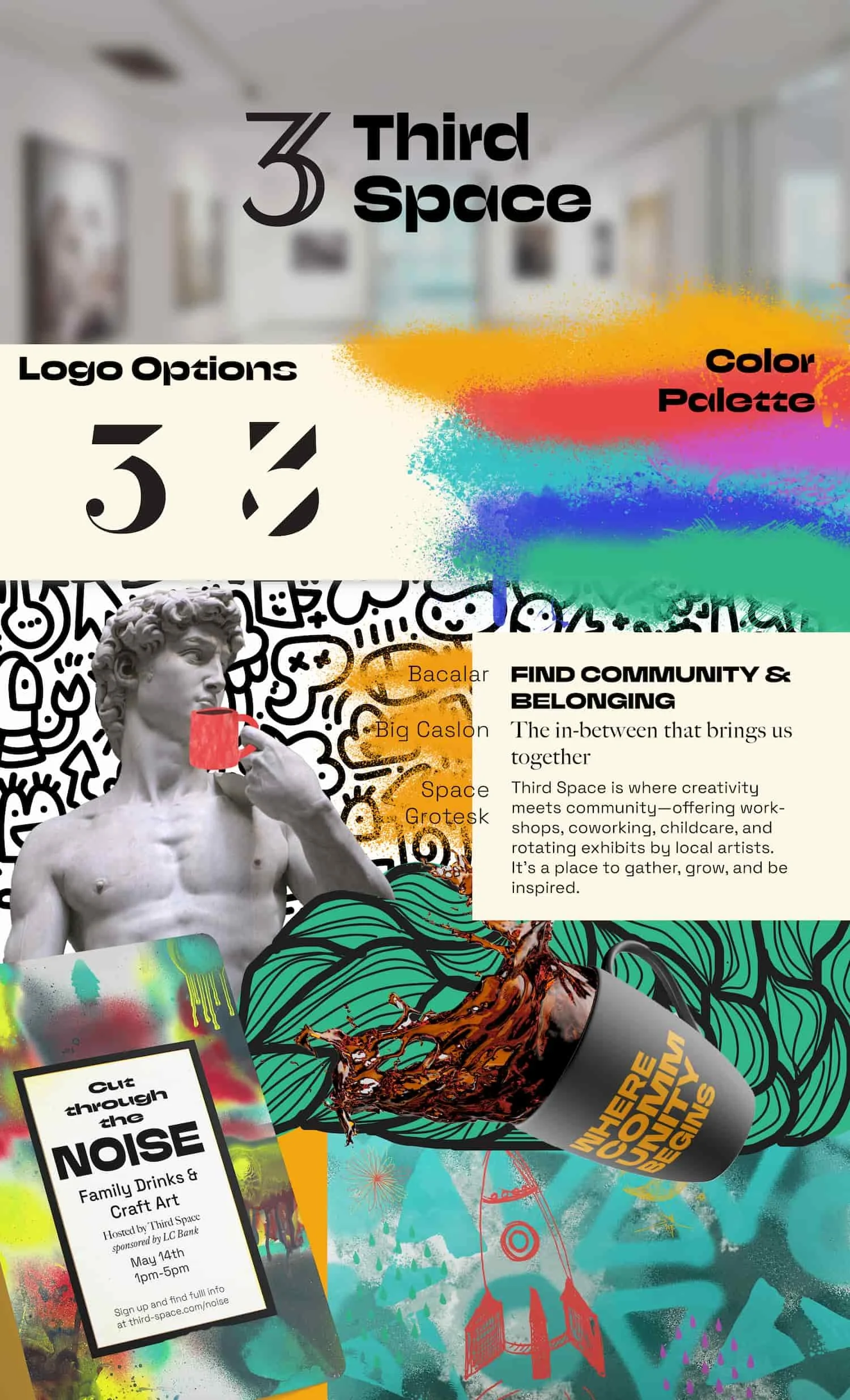 A colorful stylescape showing an artistic branding for a community focused coffee shop