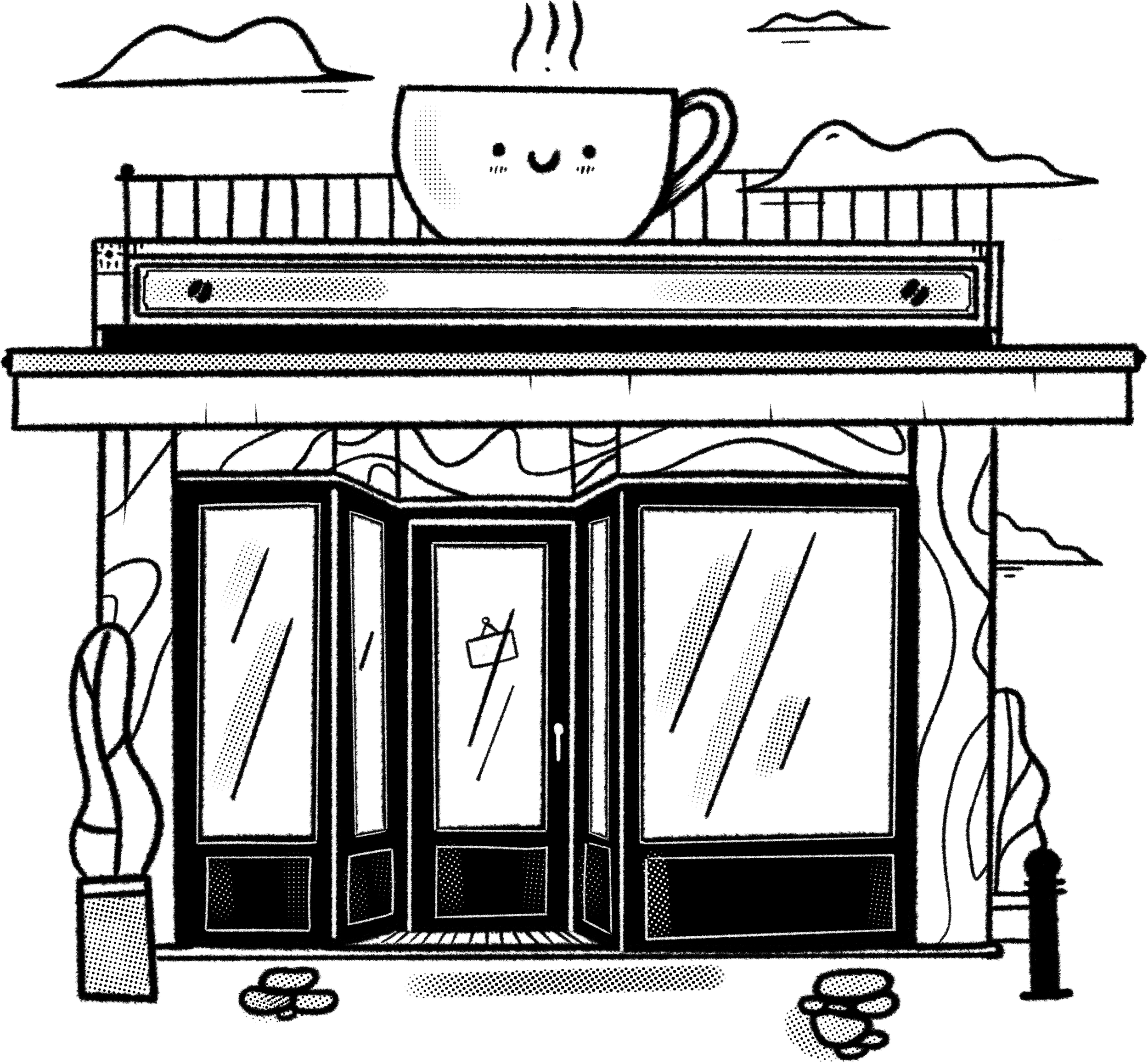 Outline drawing of a doorway with two side panels, a door in the center, and two small panels at the bottom.