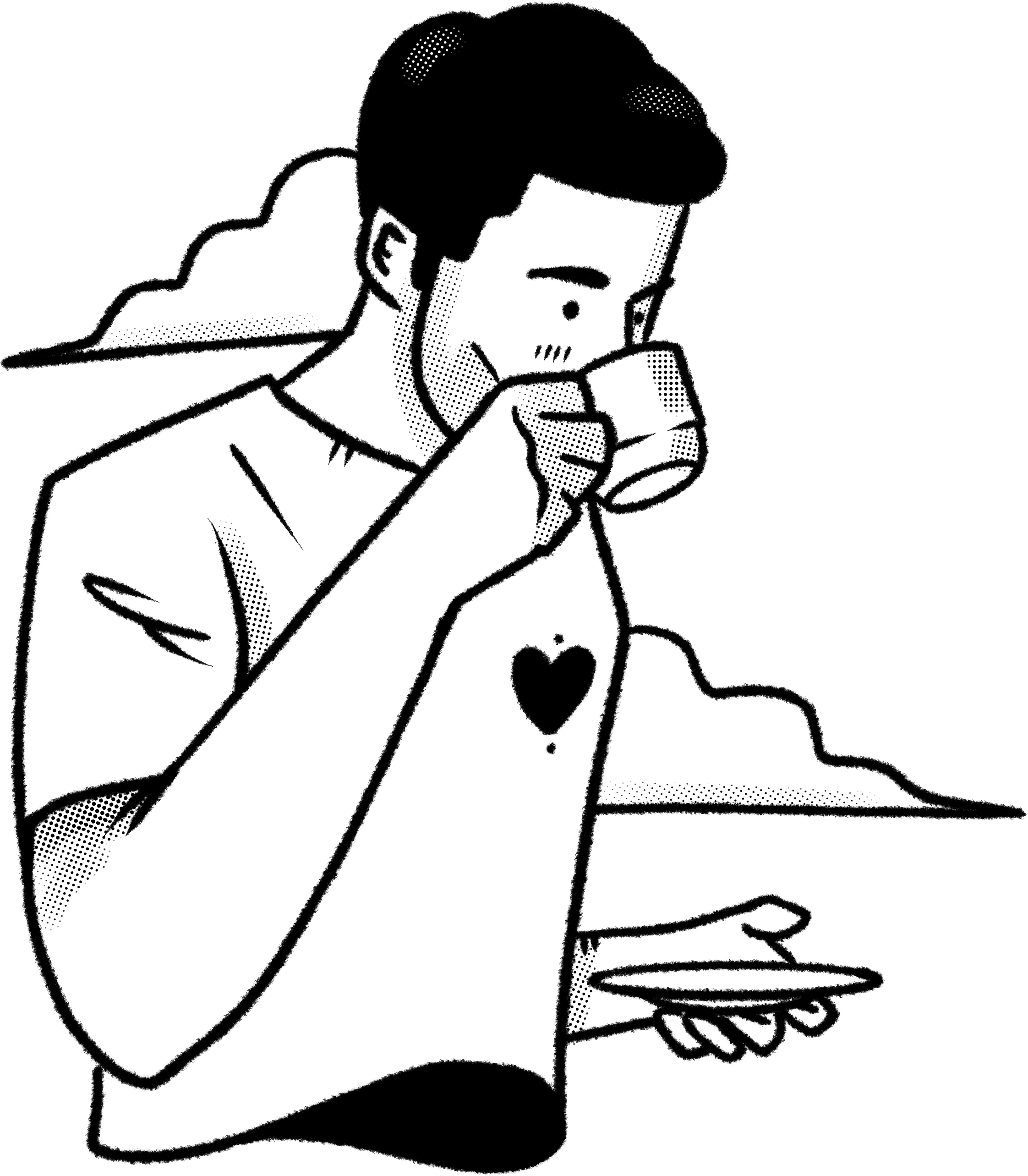 Black and white drawing of a puppy with large eyes and floppy ears, sitting with its tongue out, on a plain background.