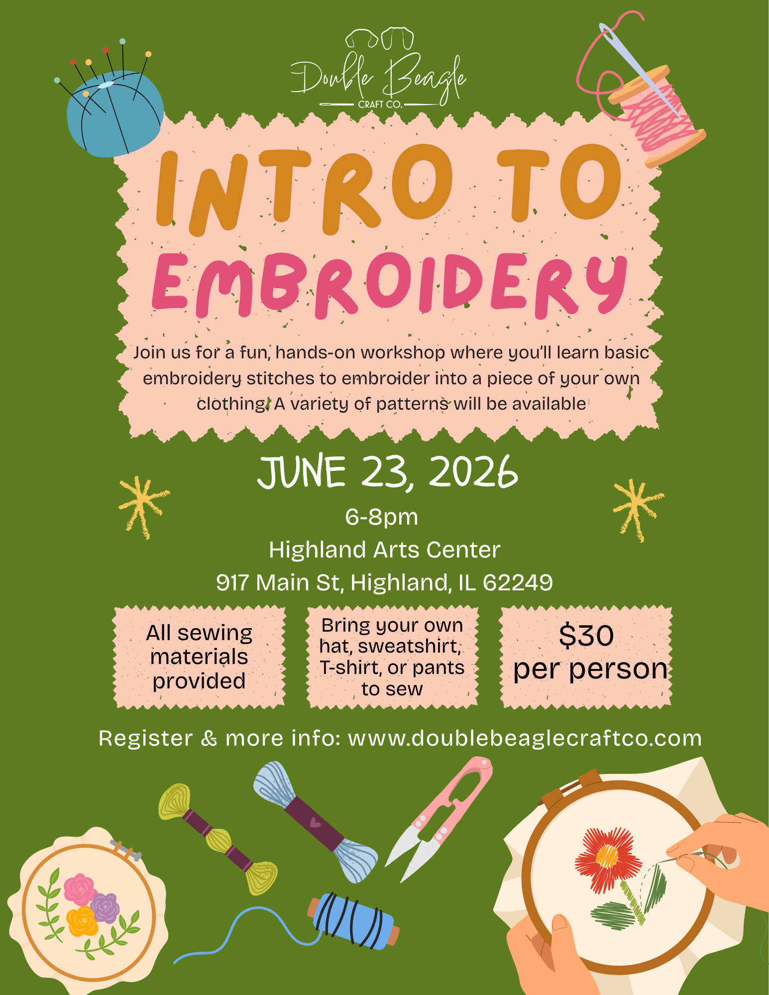 Intro to Embroidery Class at Highland Arts Center