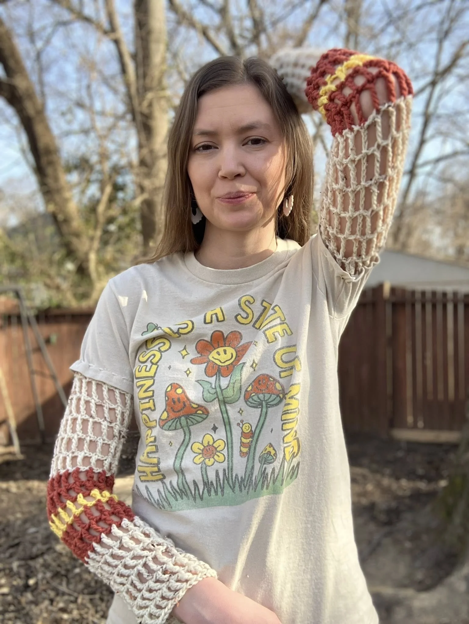 Happiness Up-cycled Tee with Crochet Sleeves- Small