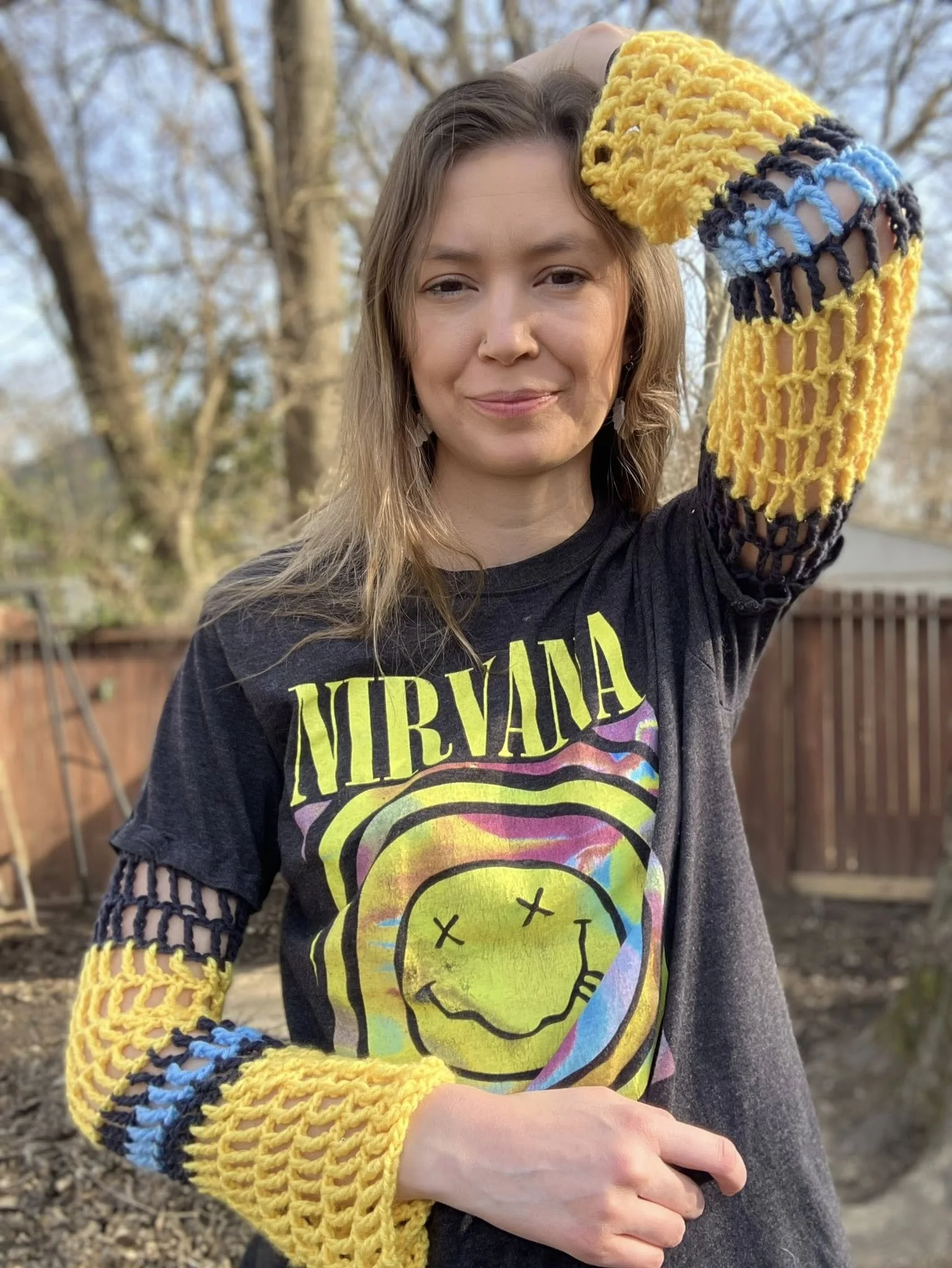 Nirvana Up-cycled Tee with Crochet Sleeves- Small