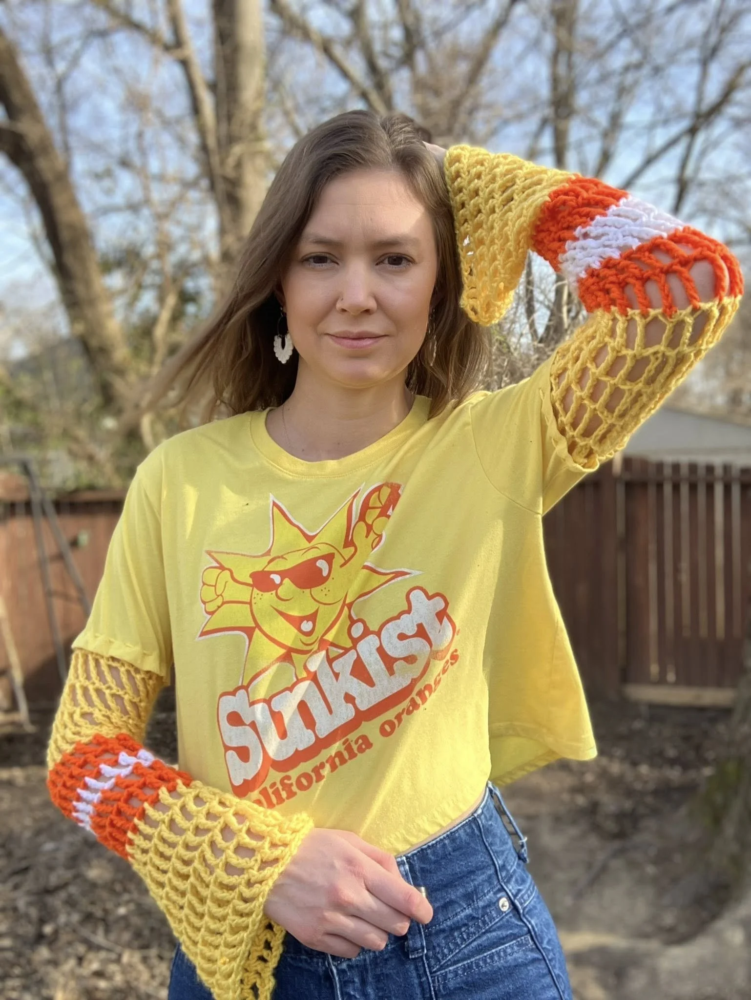 Sunkist Up-cycled Tee with Crochet Sleeves- Medium
