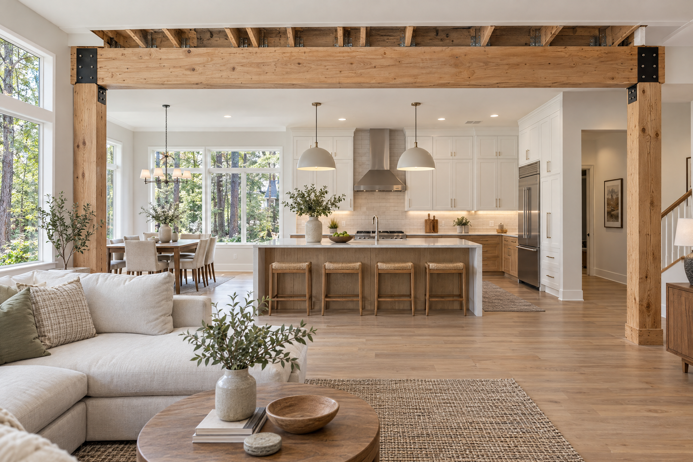 Finished open-concept kitchen and living room with an exposed wood beam after a load-bearing wall removal in the Triangle, NC