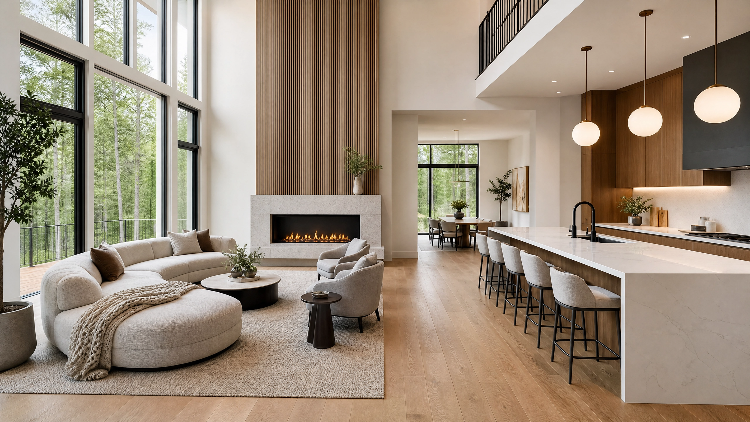 Modern custom home interior featuring an open-concept living room, contemporary kitchen, and residential structural engineering.