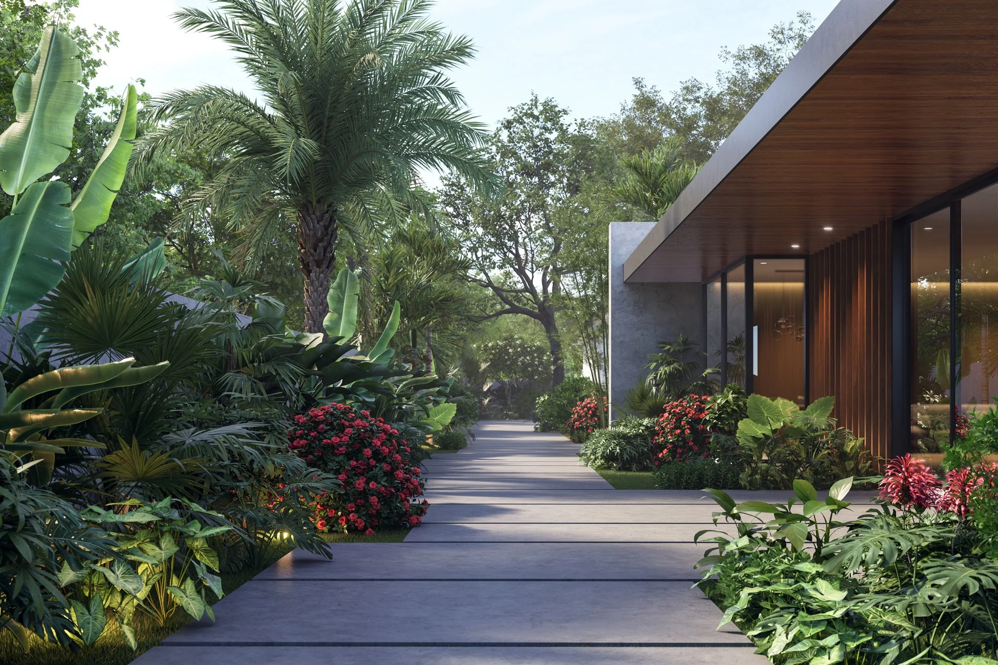 Modern custom home exterior with contemporary architecture, landscaped entrance, and luxury residential design by HDS.