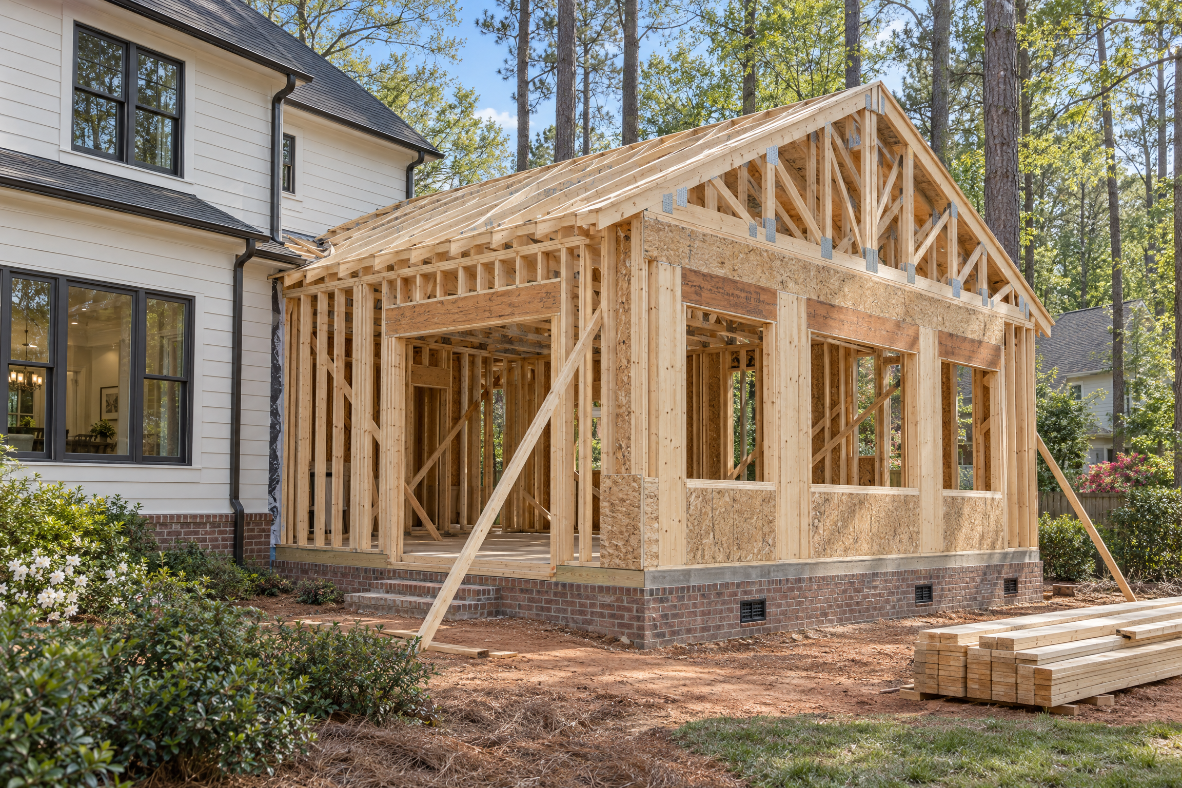 Wood-framed home addition under construction next to a two-story house in Durham, NC