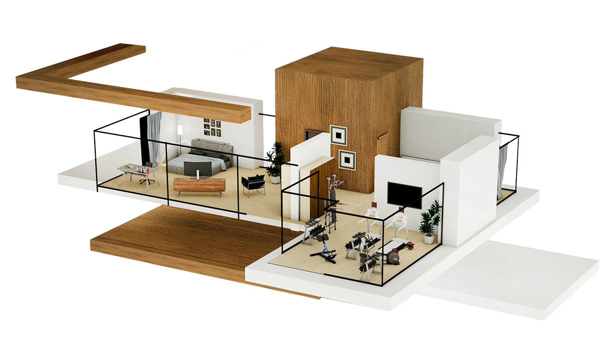 Living room 3D BIM model of a multi-level residence showing building systems, floor layouts, and architectural coordination.
