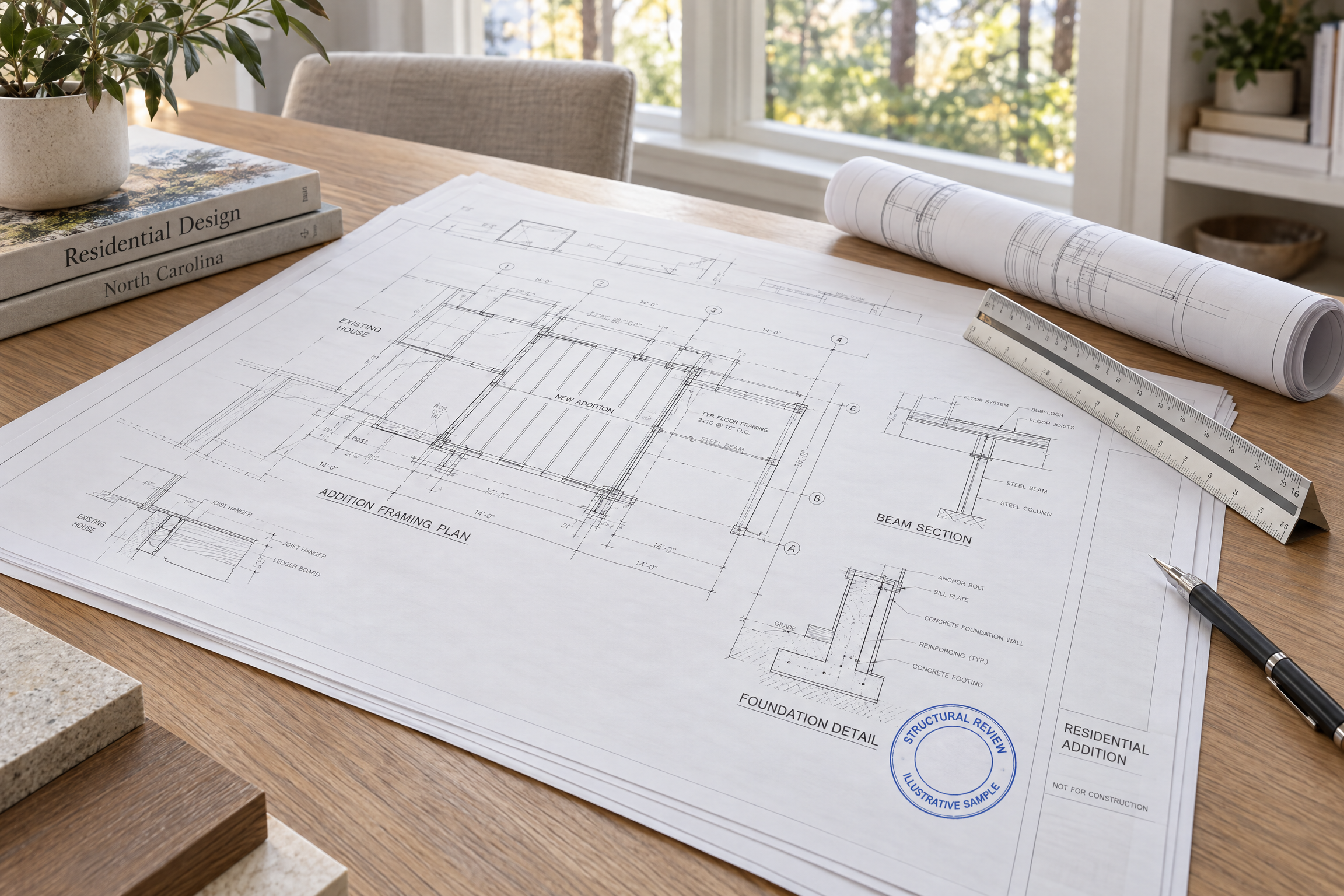 Structural framing plan, beam section and foundation detail drawings for a residential addition in Chapel Hill, NC
