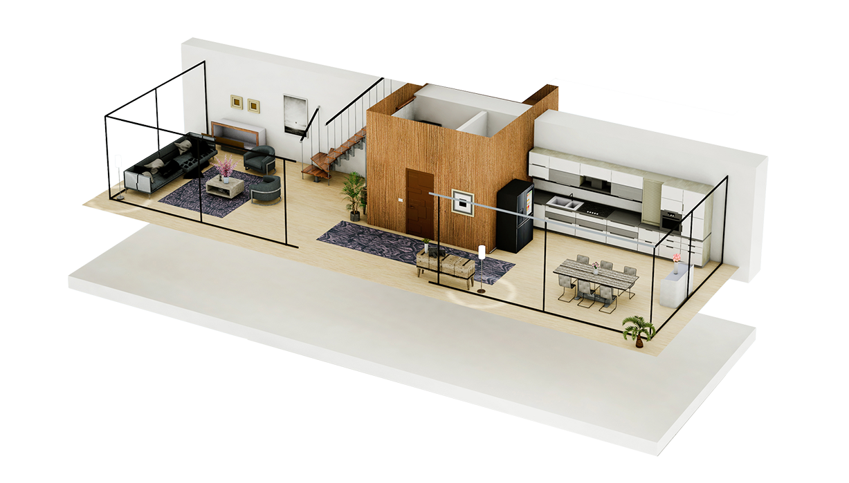 Main room 3D BIM model of a multi-level residence showing building systems, floor layouts, and architectural coordination.