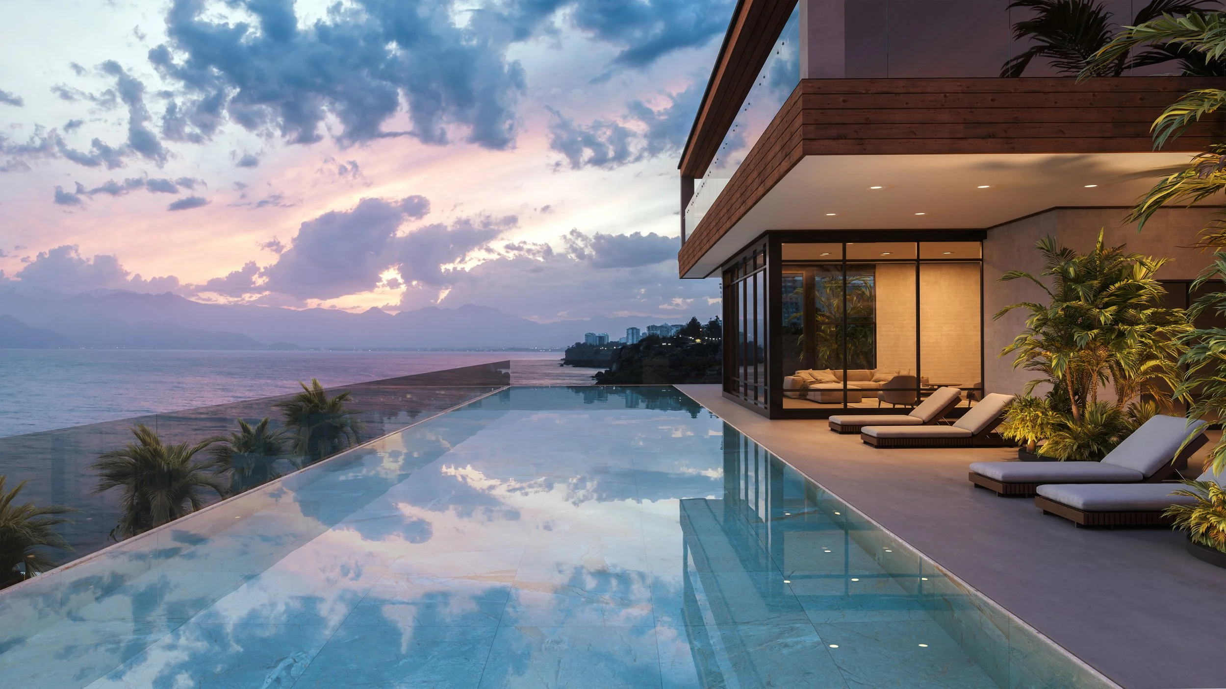 Modern luxury waterfront home with infinity pool showcasing contemporary residential architecture and structural engineering in North Carolina.