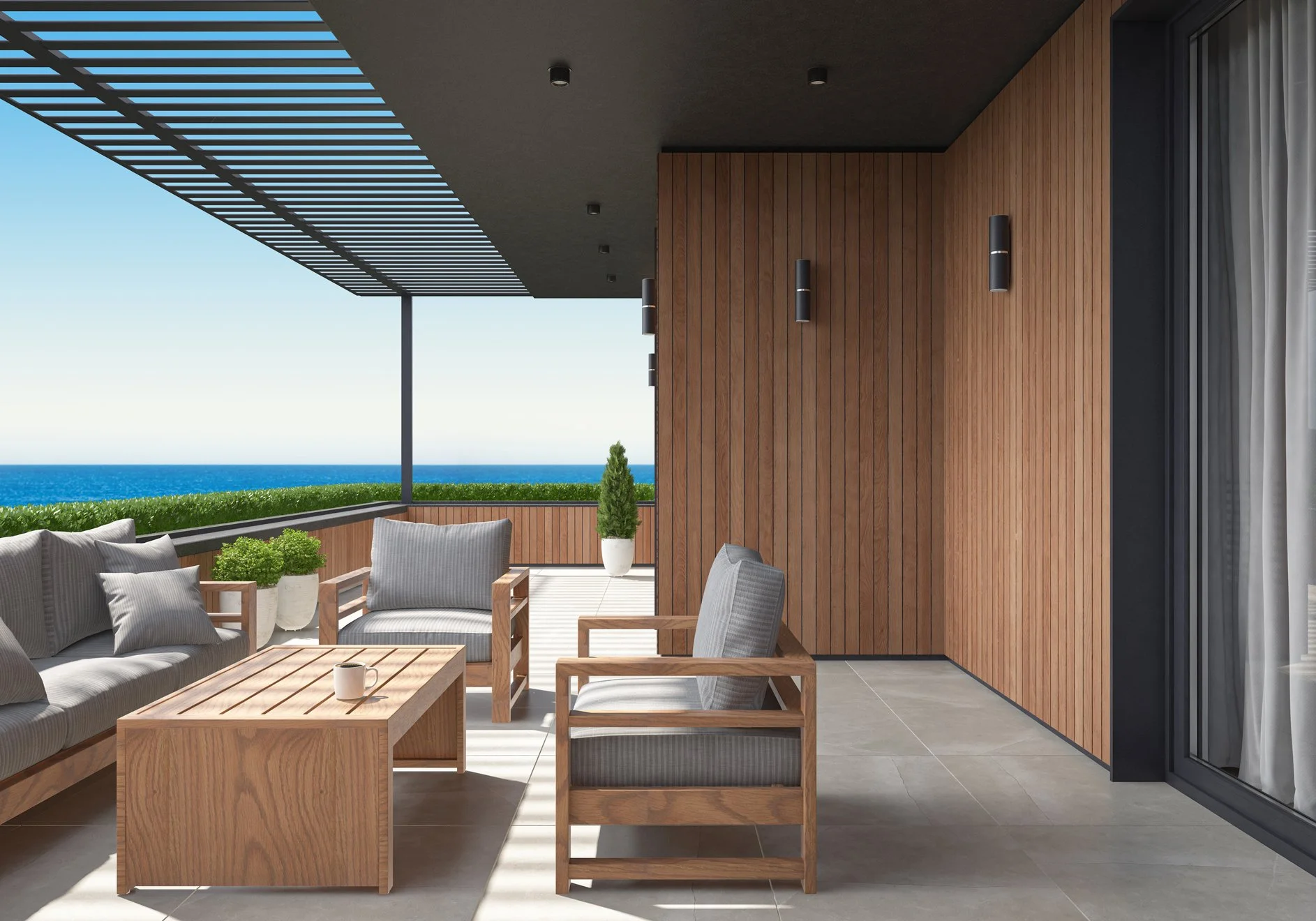 Modern custom home with covered outdoor terrace featuring wood cladding, ocean views, and contemporary architectural design by HDS.