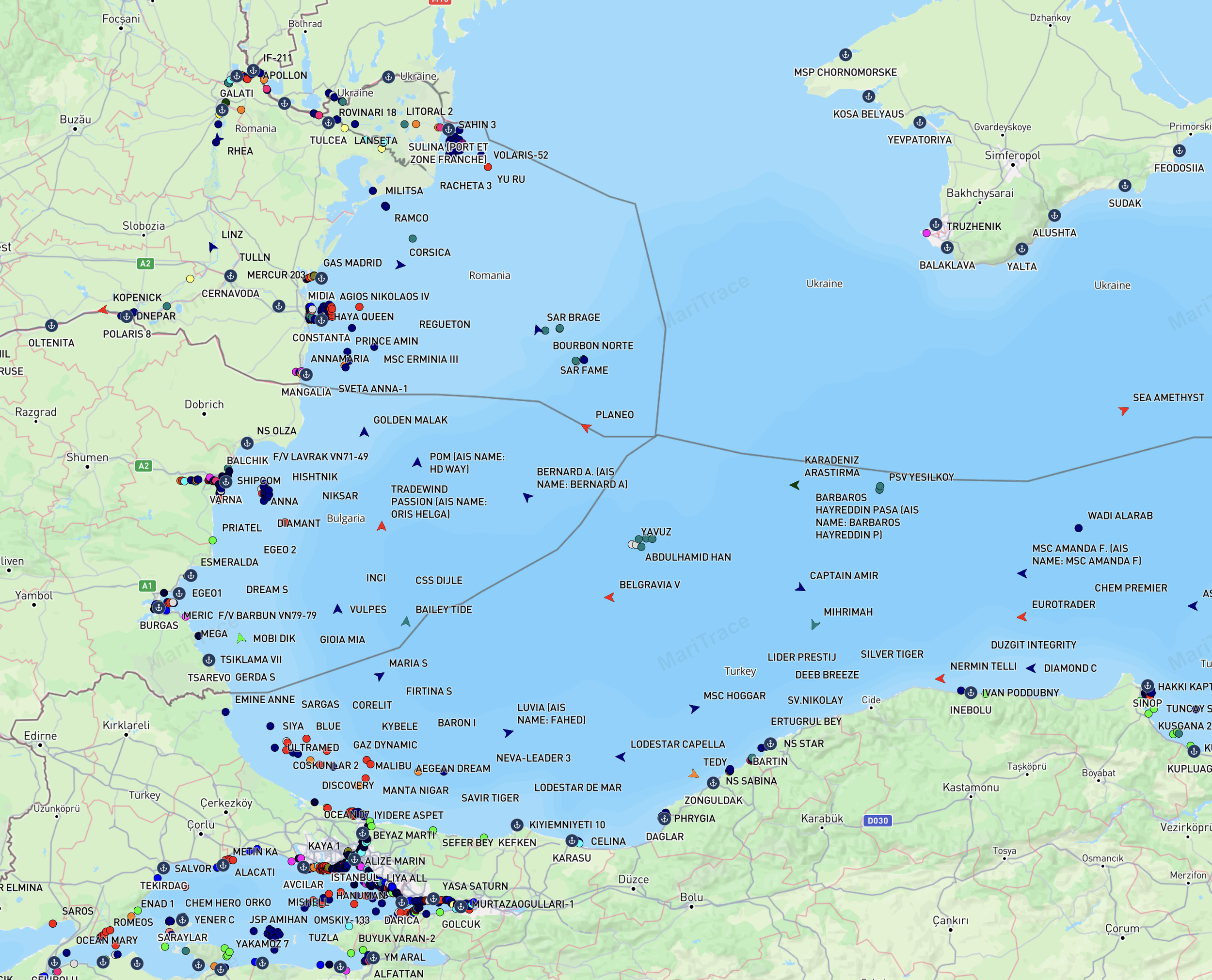 A MariTrace map graphic of the eastern Black Sea
