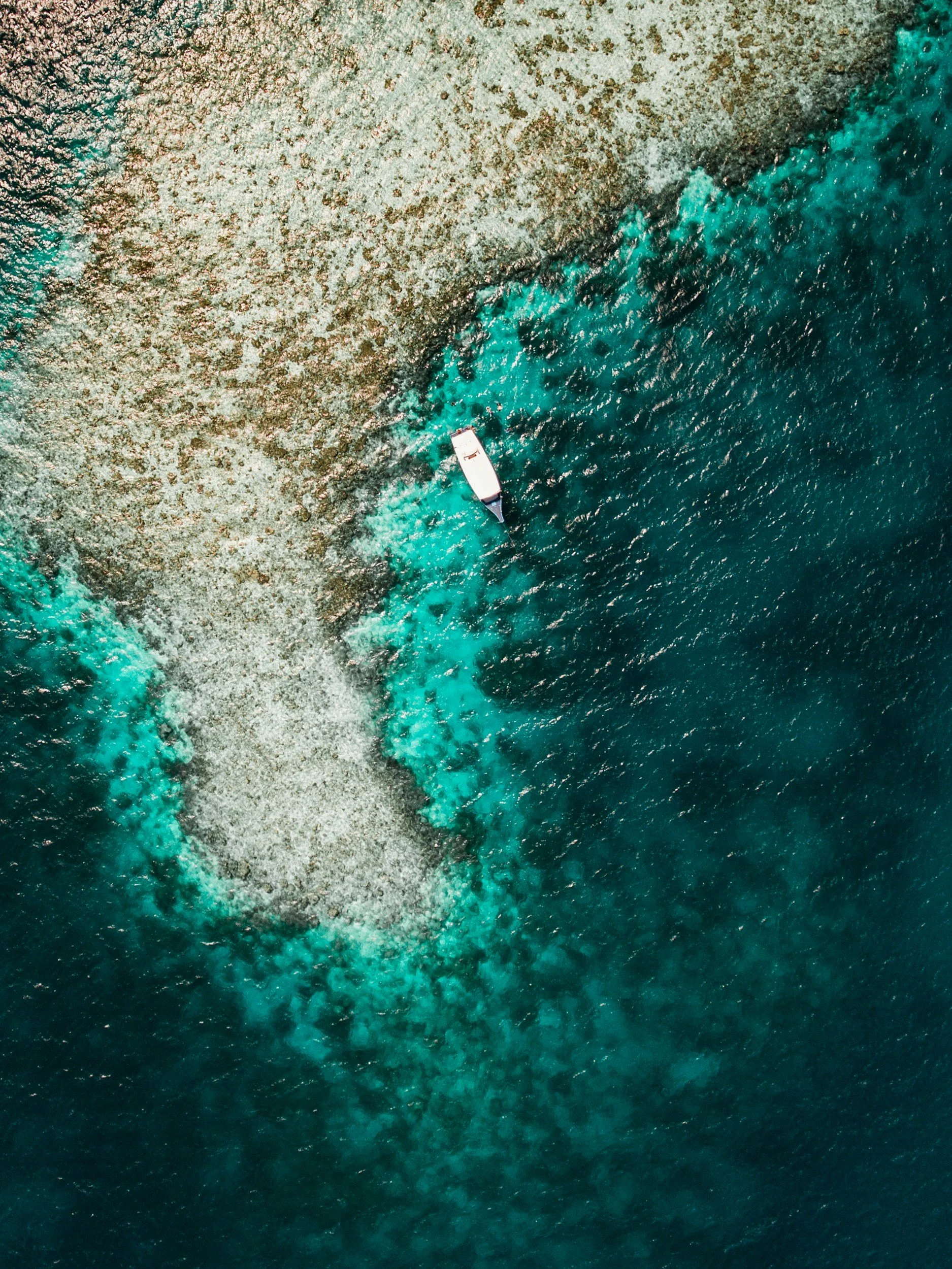 Aerial view of a boat navigating through clear turquoise waters near a rocky shoreline.