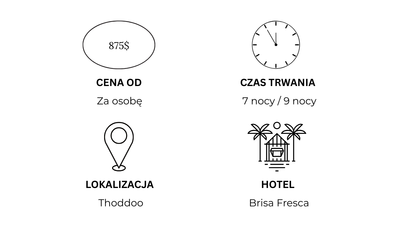 Travel information grid showing the price of $875 per person, a clock indicating 12 o'clock, a location pin at Thoddoo, and a hotel named Brisa Fresca with a tropical theme.