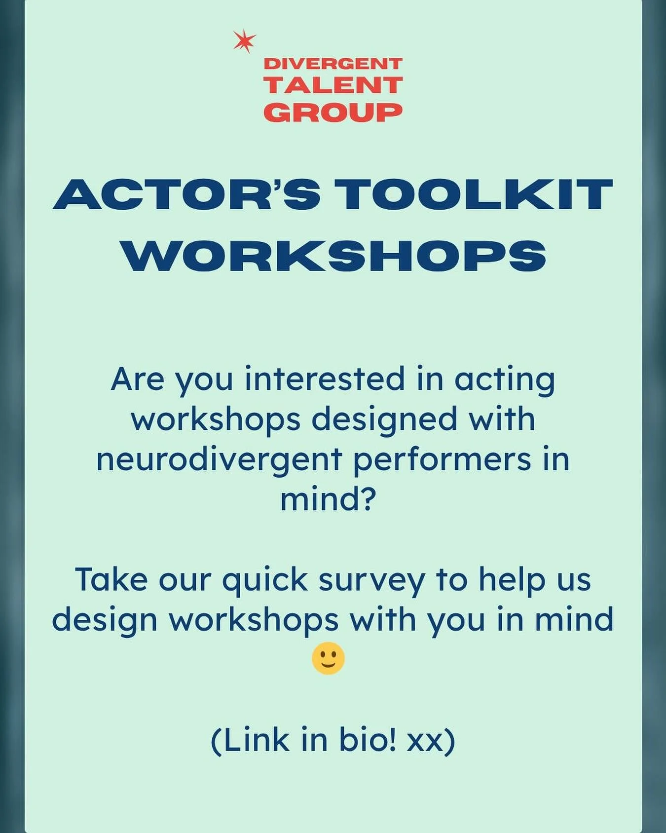 Hello you lovely lot 👋 Can we pick your beautiful brains? 

We&rsquo;re exploring the possibility of running acting workshops designed with neurodivergent performers in mind and we'd love your input.

Our quick survey will help us understand your ne
