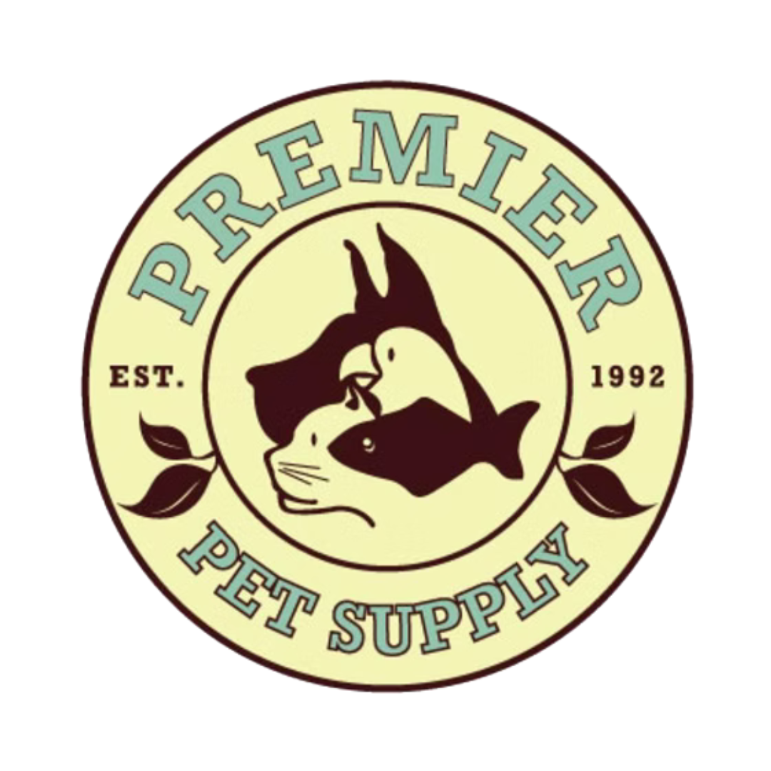 Logo for Premier Pet Supply, established in 1992, featuring illustrations of a dog, a cat, and a fish in a circular design with leafy accents.