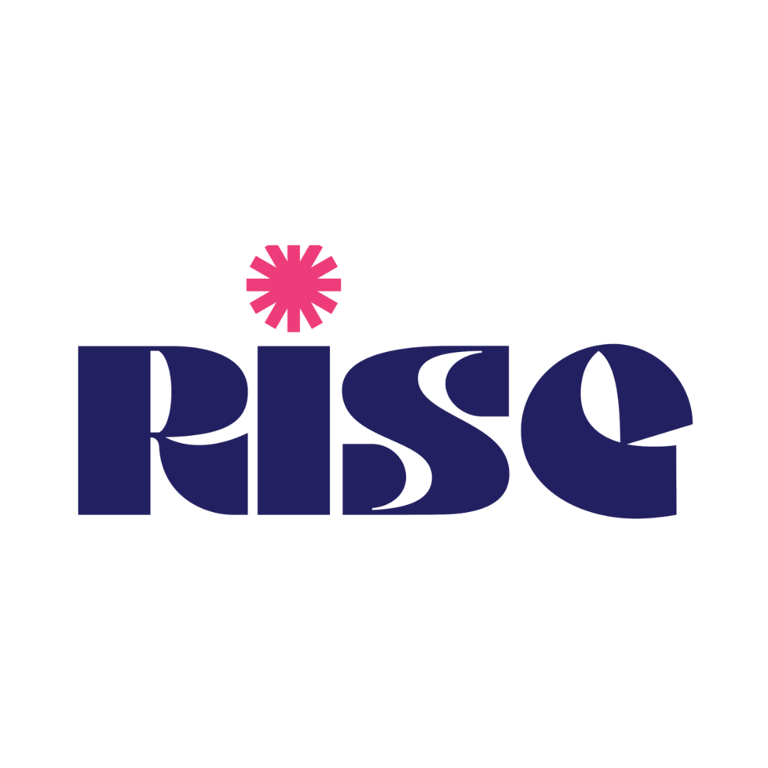 Logo with the word 'Rise' in bold dark blue letters and a pink flower above the letter 'i'.