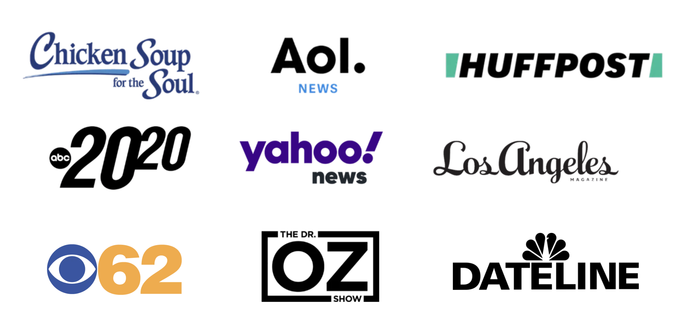A collage of logos from various news outlets and media organizations, including Chicken Soup for the Soul, AOL News, HuffPost, ABC 2020, Yahoo! News, Los Angeles Magazine, CBS 62, The Dr. Oz Show, CNBC, and Dateline.