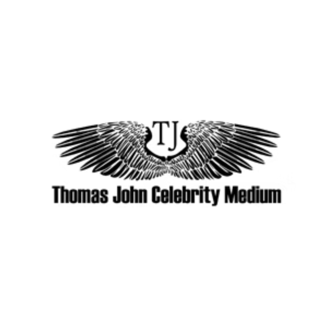 Black and white logo with wings, the initials TJS in the center, and the text "Thomas John Celebrity Medium" below.