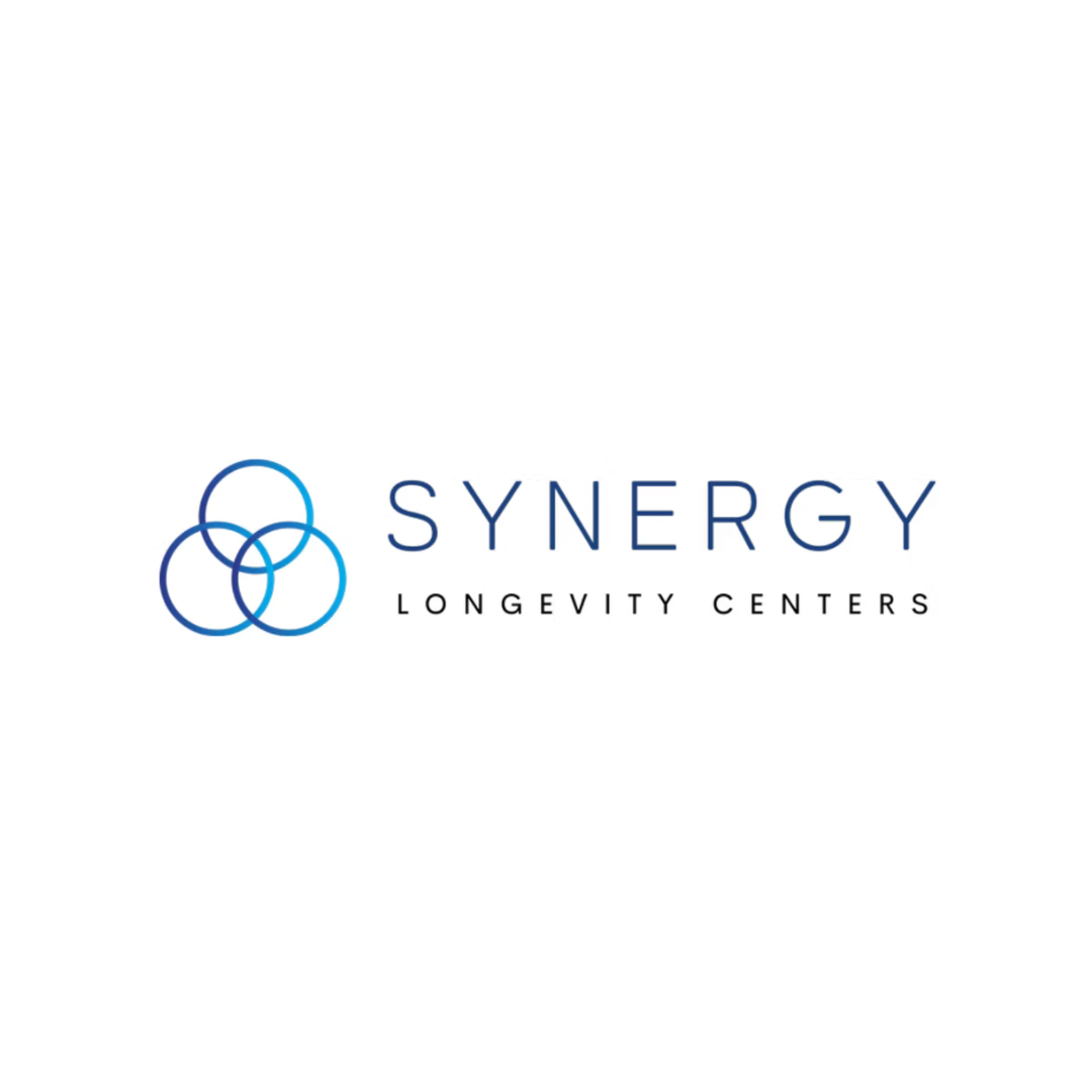 Logo for Synergy Longevity Centers with three interconnected circles in shades of blue and the company name
