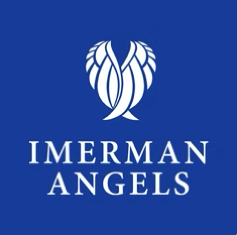 Logo of Imerman Angels featuring a stylized angel with wings and the organization name in white text on a blue background.