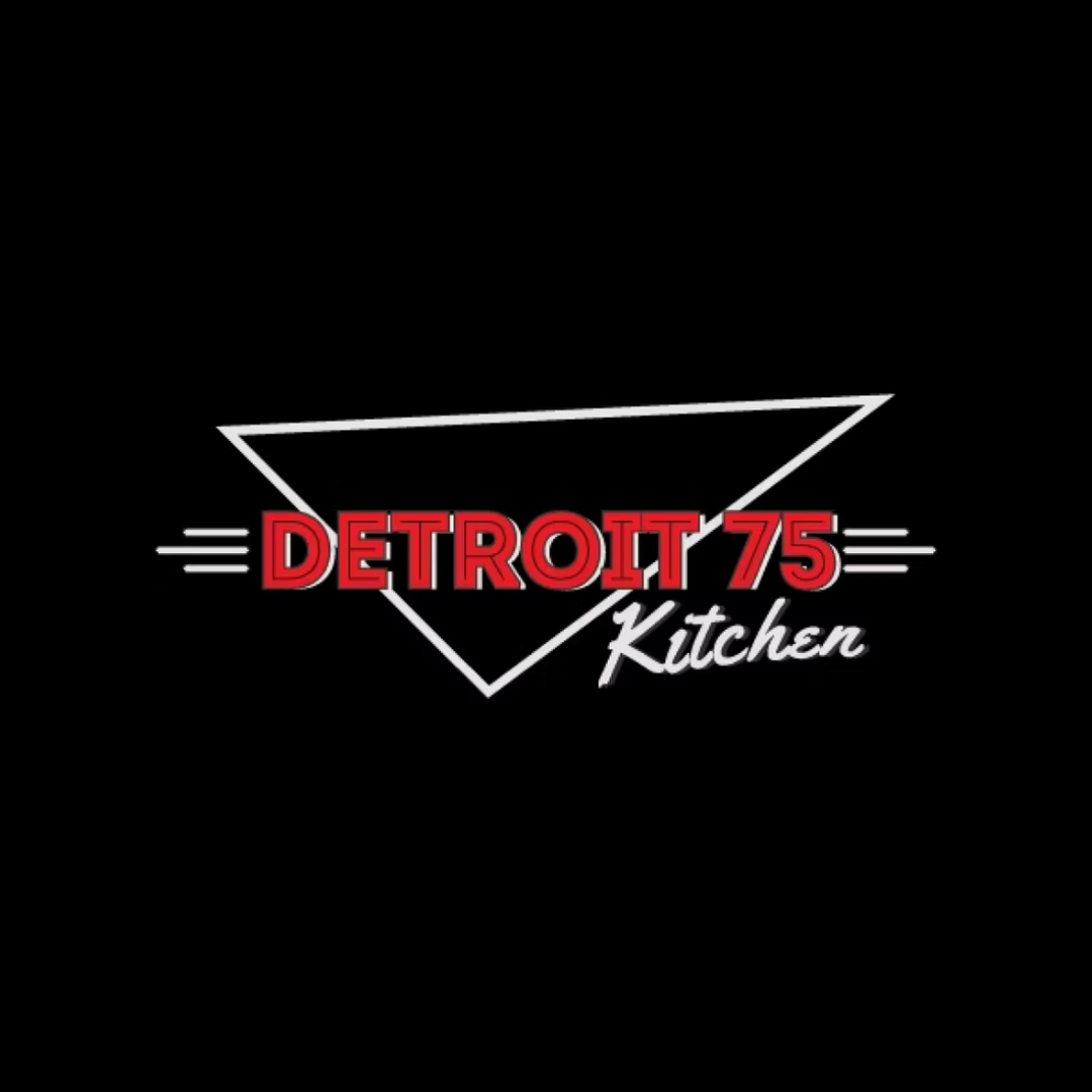 Neon sign for Detroit 75 Kitchen with geometric design, red and white text on black background.
