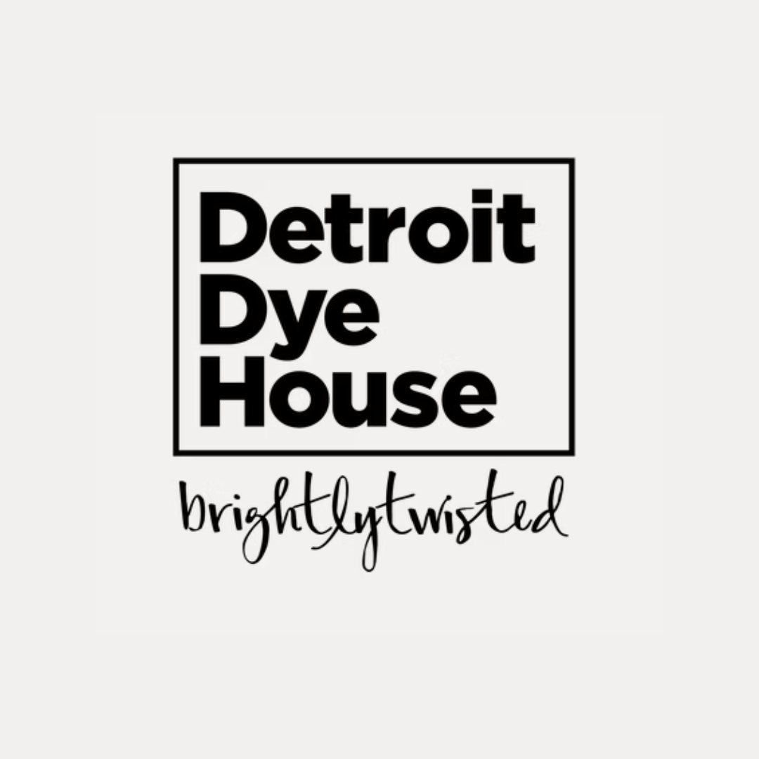 Logo for Detroit Dye House with the words Detroit Dye House in bold black letters inside a rectangle and the phrase brightLytwisted in cursive below.