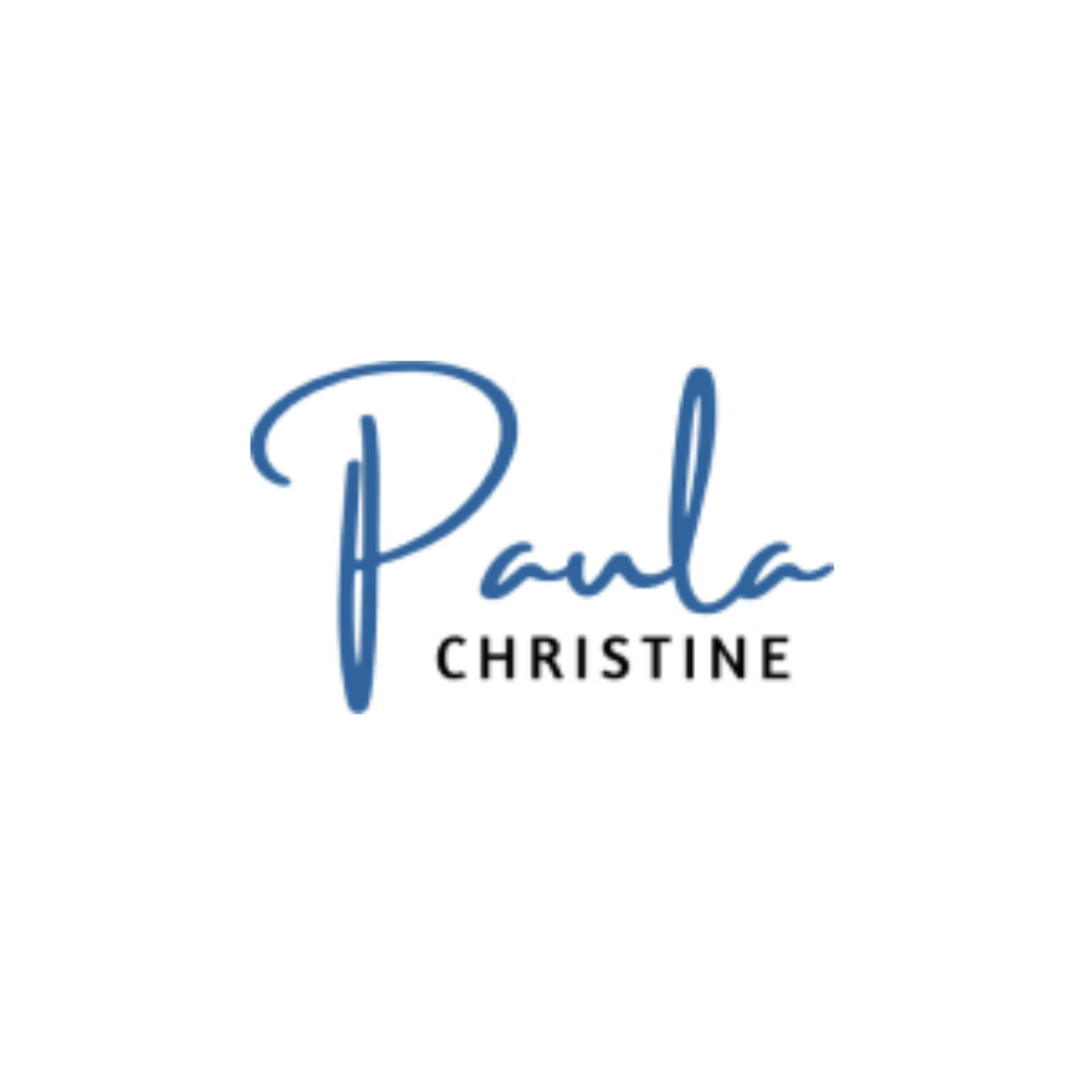Logo with the text "Paula Christine" in blue and black fonts.