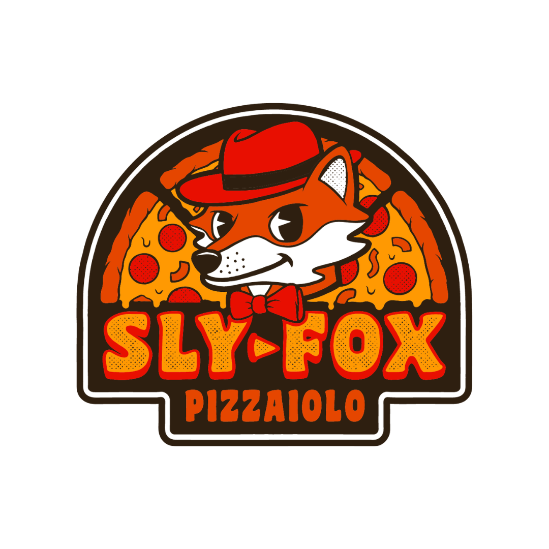 Logo with a cartoon fox wearing a red hat and bow tie, with a pizza in the background, and the text "Sly-Fox Pizzaiolo" in bold orange letters.