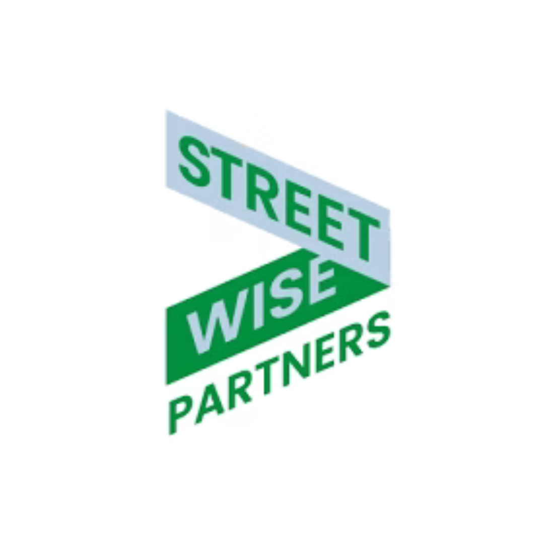 A stylized street sign displaying the words 'Street Wise Partners' in green and blue colors.