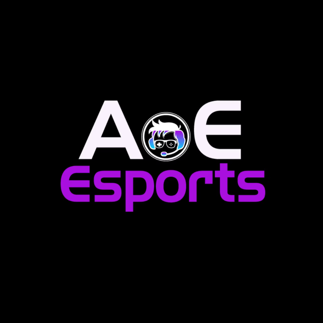 Logo for AOE Esports with stylized text and a gaming controller and headset icon.