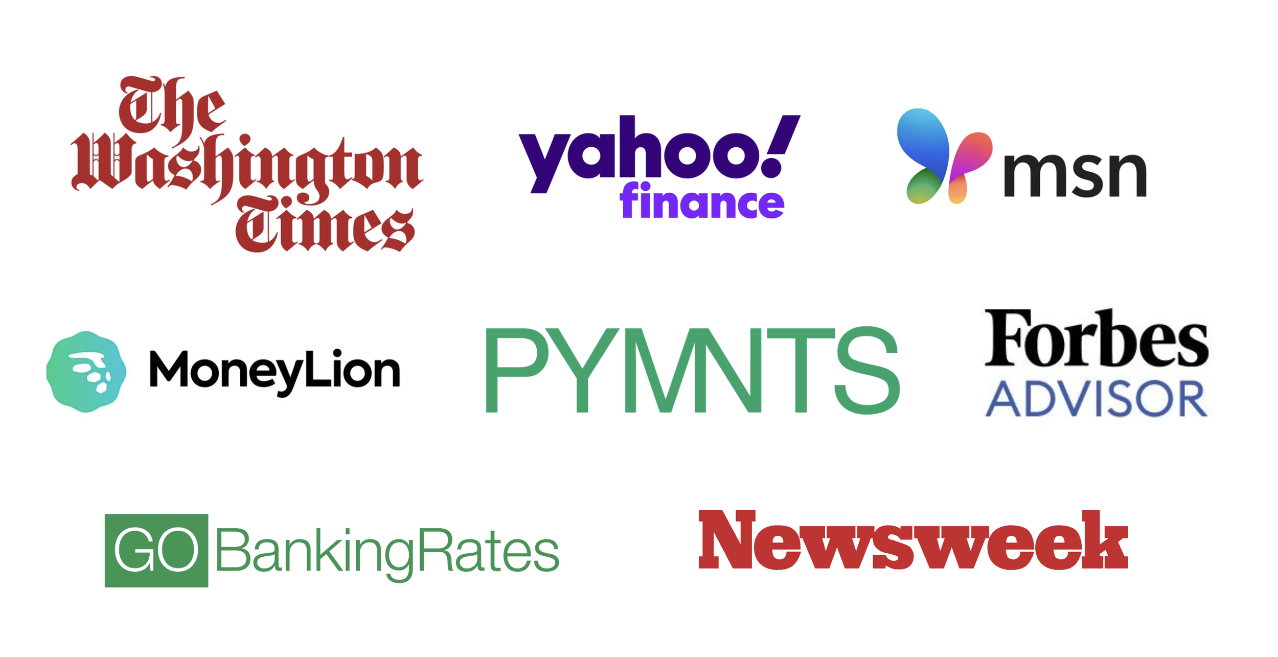 Collection of logos from various media and finance companies, including The Washington Times, Yahoo! Finance, MSN, MoneyLion, PYMNTS, Forbes, Newsweek, and GO Banking Rates.