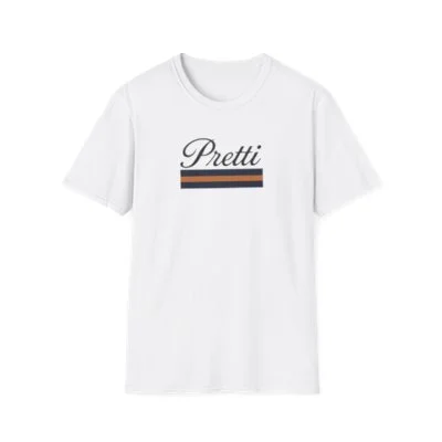 White T-shirt with the word 'Pretti' written in black script font and a three-color horizontal stripe underneath.