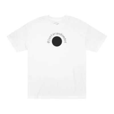 White T-shirt with a black circle and the text '@justacandydot' curved above it.