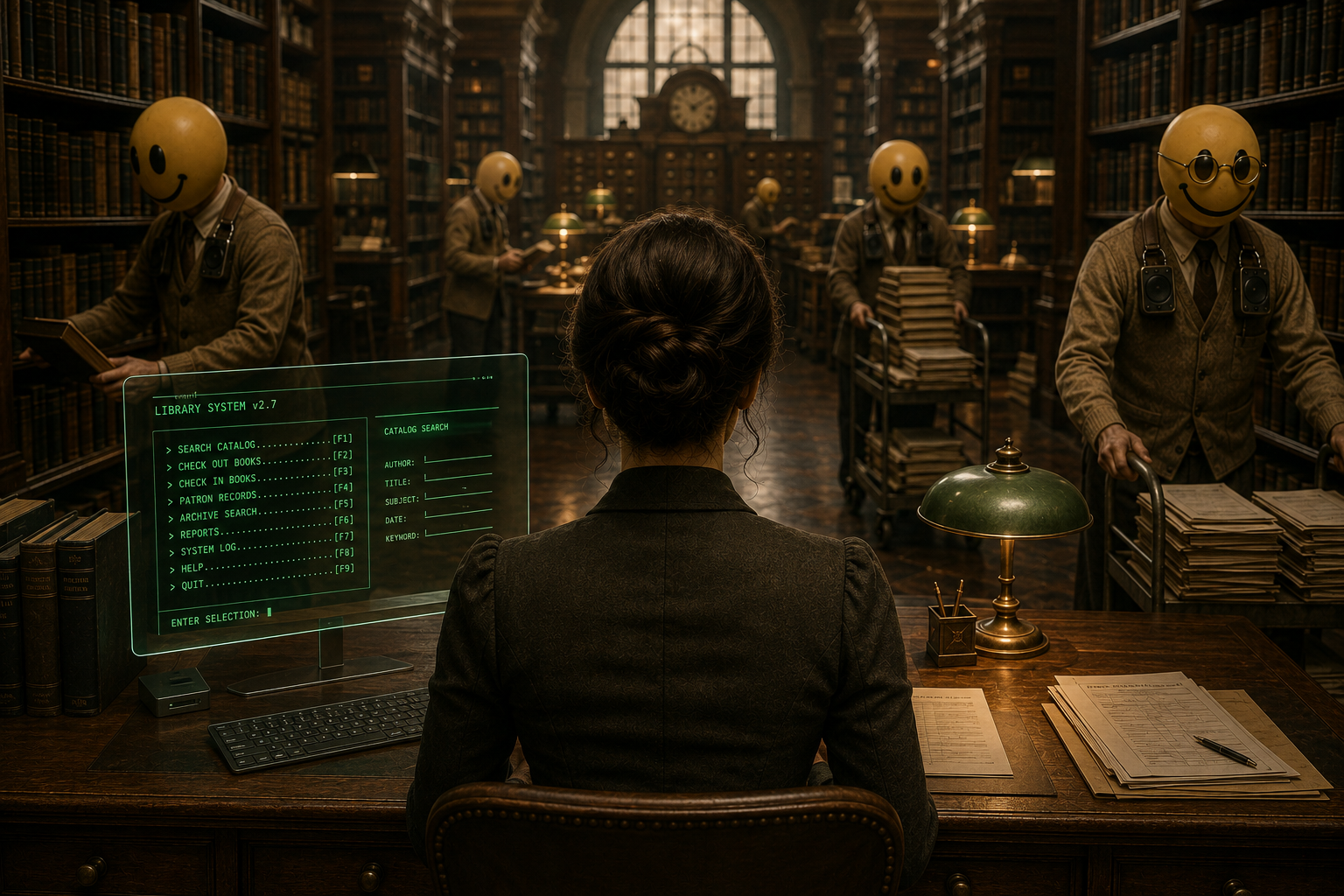A woman sitting at a desk in a library with a holographic computer screen displaying a library system interface. Several individuals wearing masks with smiley faces and glasses are browsing and handling books in the background.