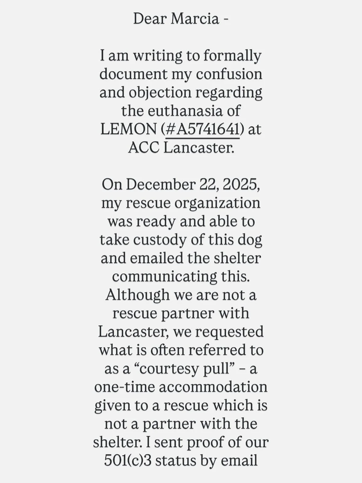 For Lemon 💛 

Email written to Marcia Mayeda, Director of Los Angeles Animal Care and Control 12/28/25