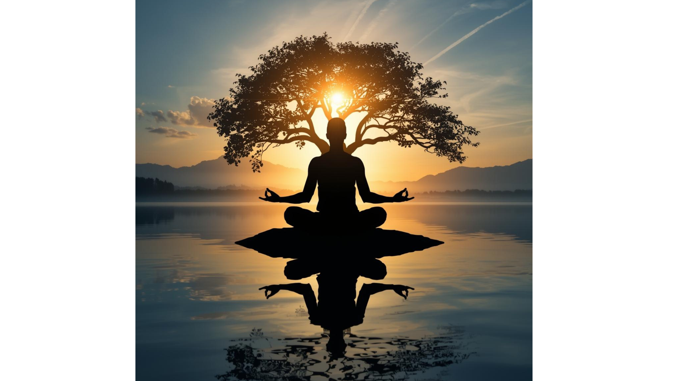 A person practicing yoga in a meditative pose on a rock by a calm lake during sunset, with a large tree and mountain range in the background.
