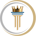 A gold crown resting on a beige column with a blue band, set against a black background.