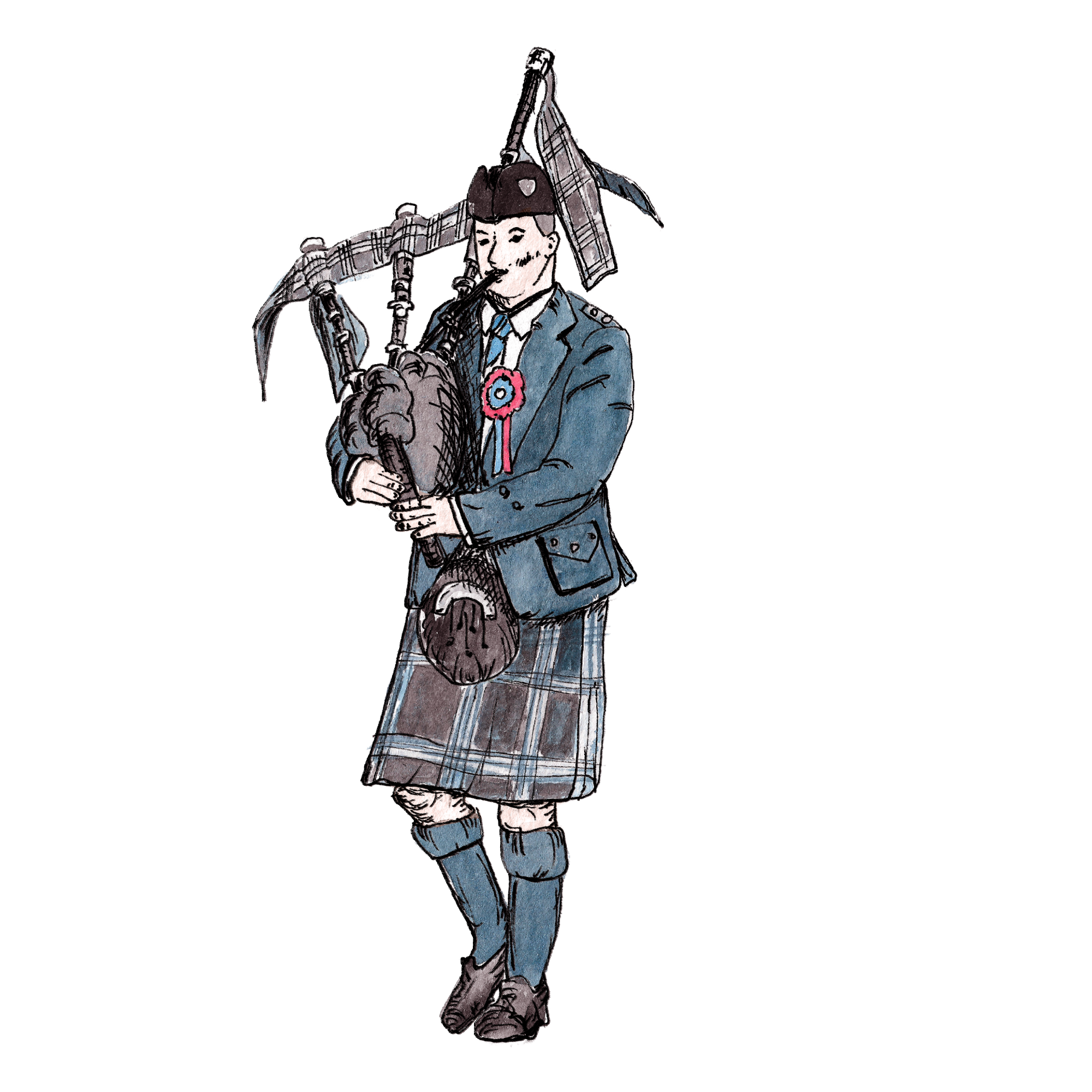 Illustration of a man in traditional Scottish attire playing bagpipes, wearing a kilt, jacket, and a hat with a pom-pom, standing with one leg slightly bent.