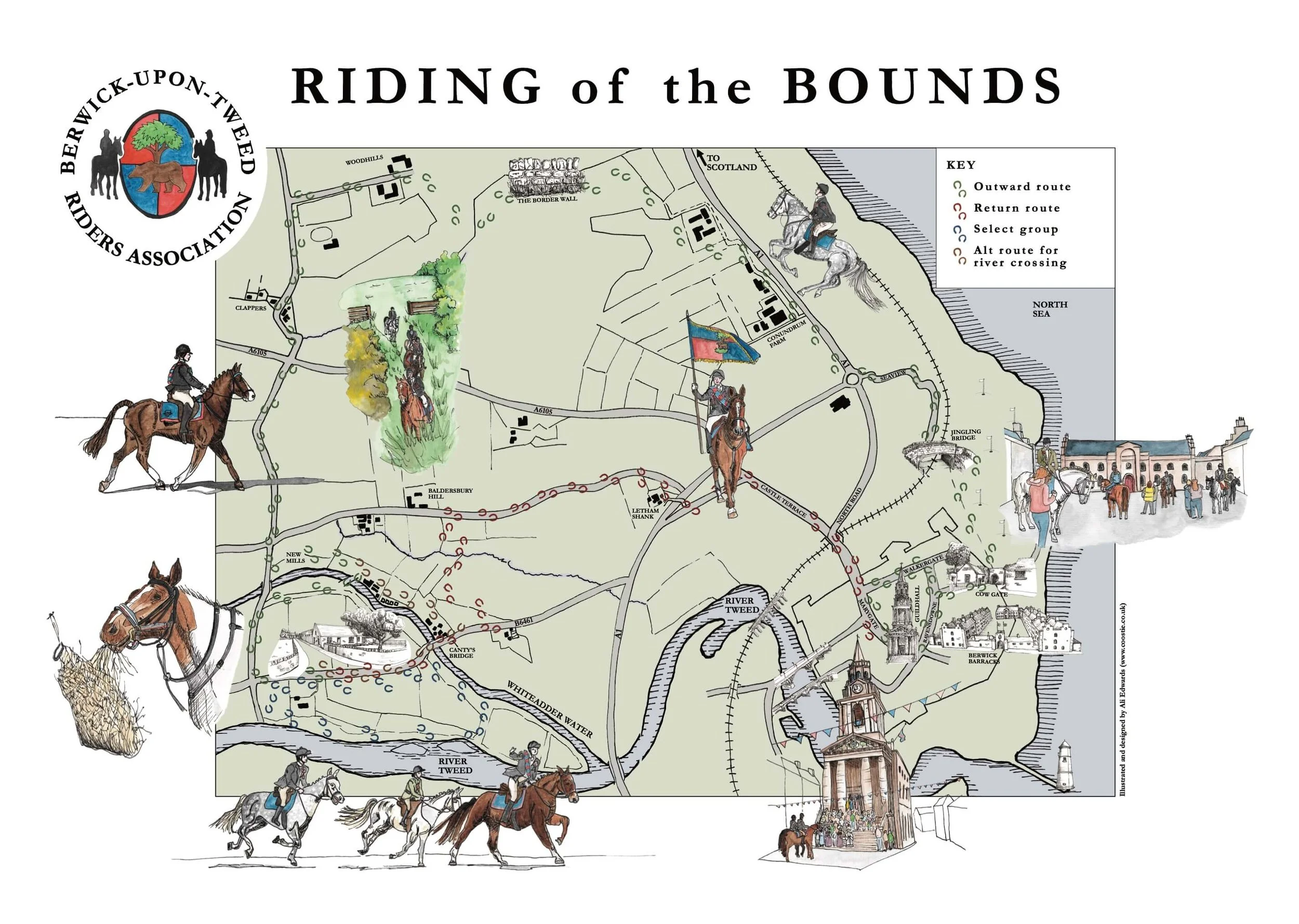 riding of the bounds illustrated map by ali edwards coostie illustration horseshoe route with riders and key landmarks in berwick and the border wall in colour