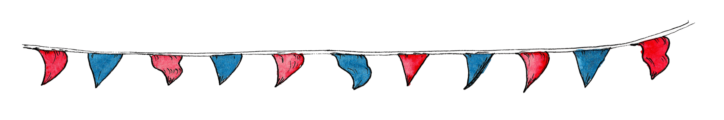 Colorful triangular pennant banner hanging on a string.