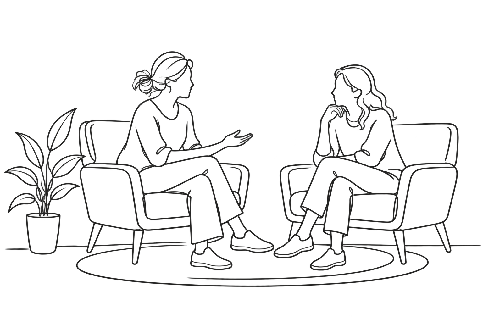 Line drawing of two adults seated in armchairs, talking during a parent coaching session.