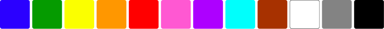 A row of colorful rectangular blocks arranged in a horizontal line, featuring colors from the rainbow, including blue, green, yellow, orange, red, pink, purple, and others.
