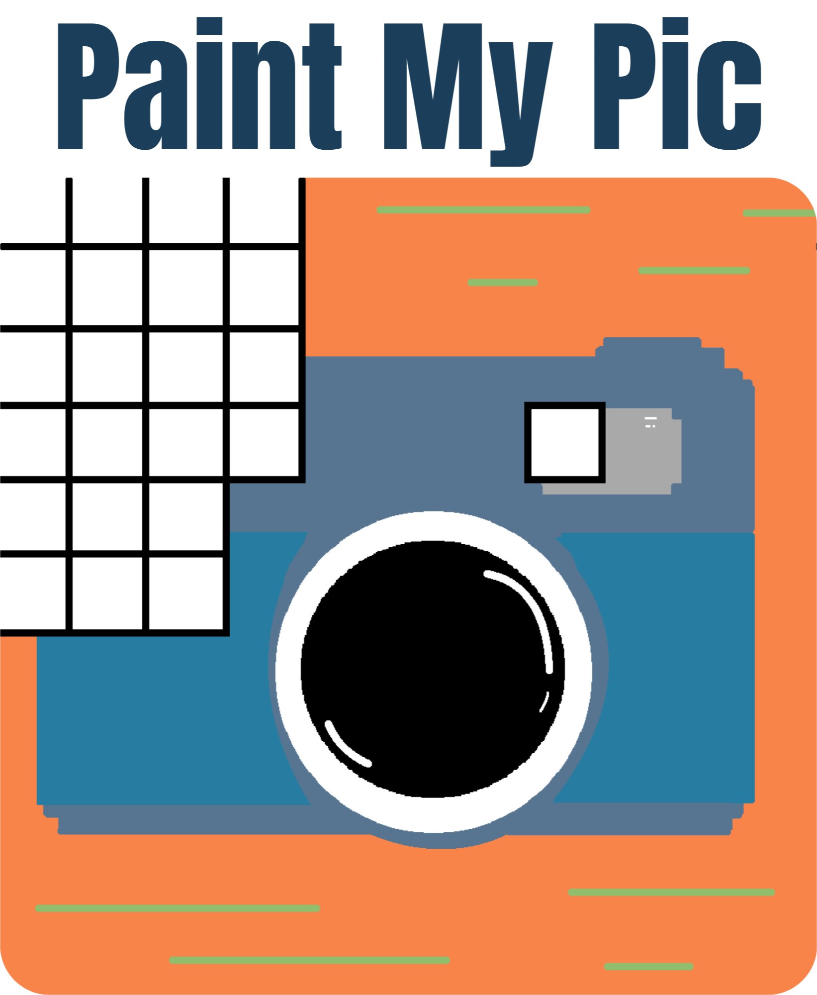 App Icon for Paint My Pic, an illustration of a vintage camera on an orange background with a grid of white squares, and the text 'Paint My Pic' above the camera.