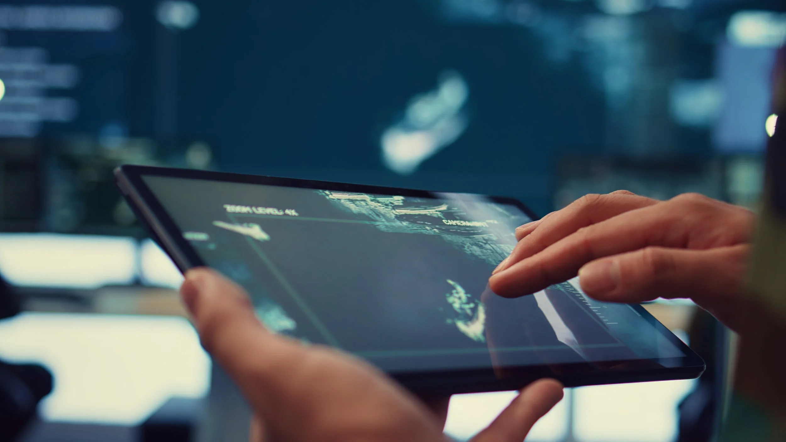 A security guard wearing a blue uniform and hat is holding a flashlight and conducting a patrol in a large warehouse.