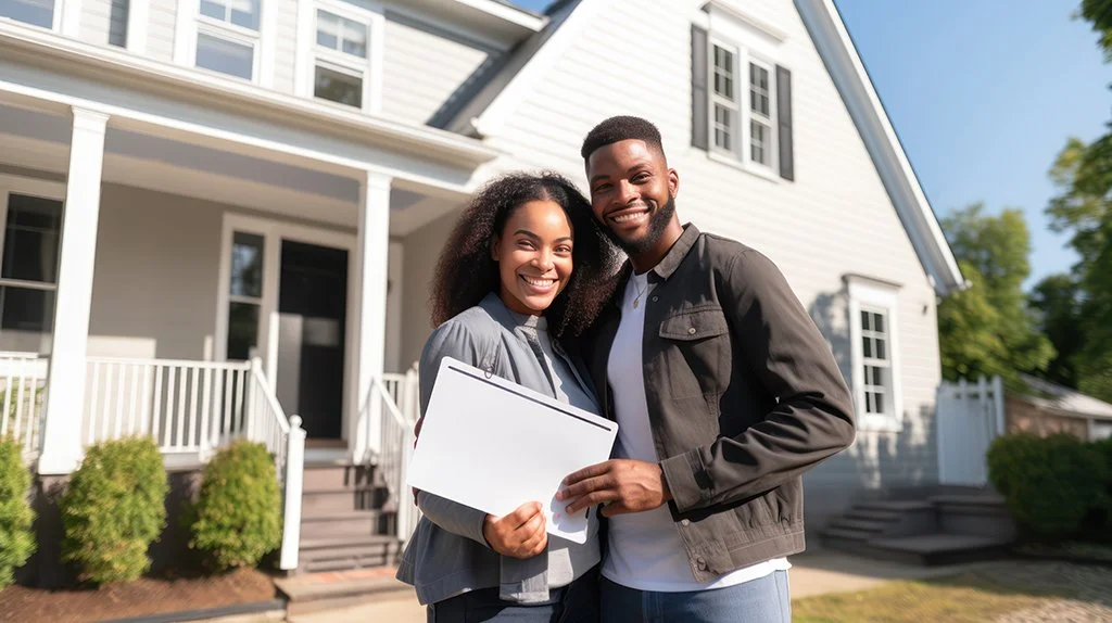 A happy couple standing in front of a house, holding a clipboard, smiling at the camera.