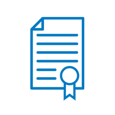 Icon of a document with a ribbon or seal at the bottom, representing a certificate or award.
