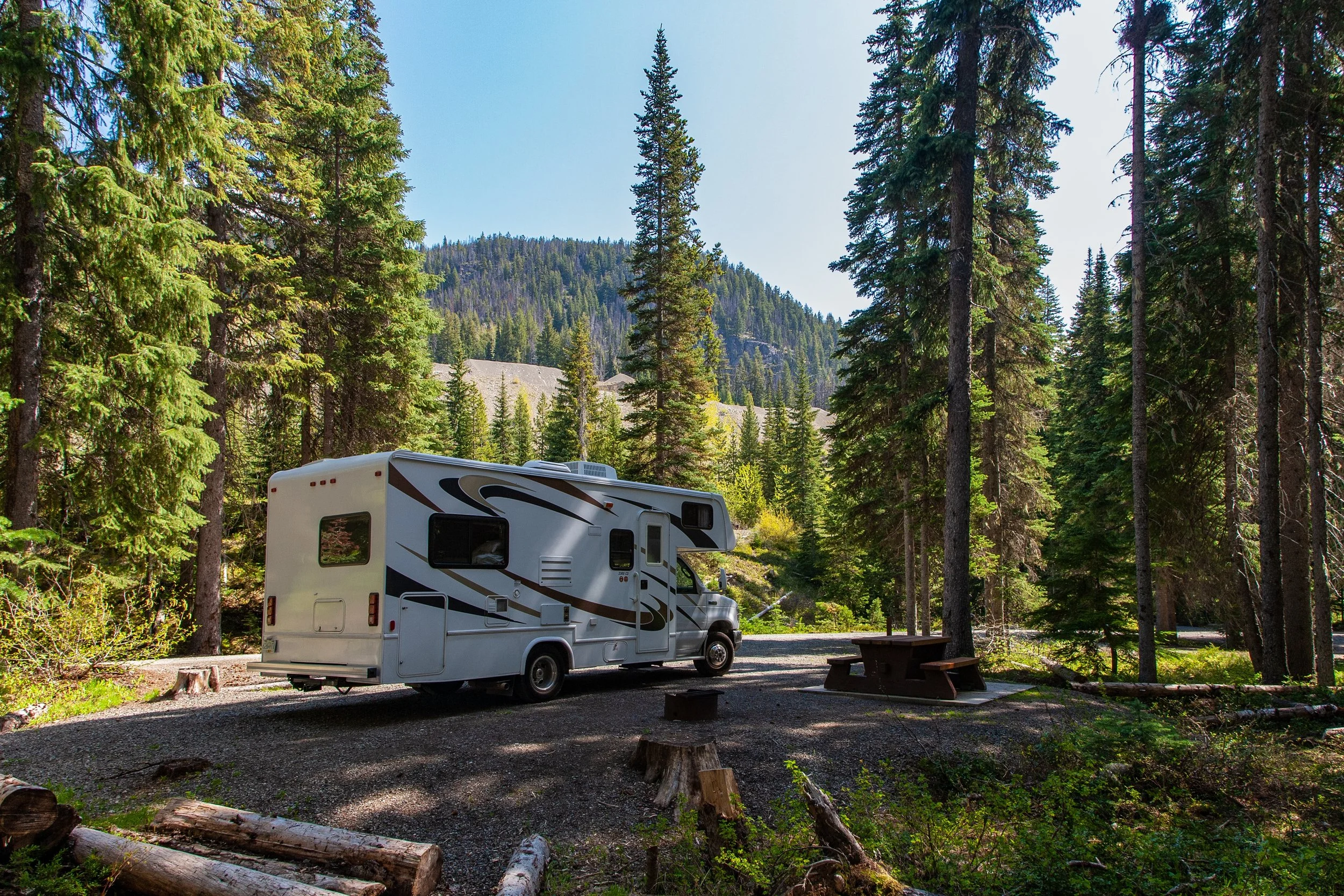 A recreational vehicle parked in a forested campground with tall pine trees, a mountain in the background, and a picnic table.